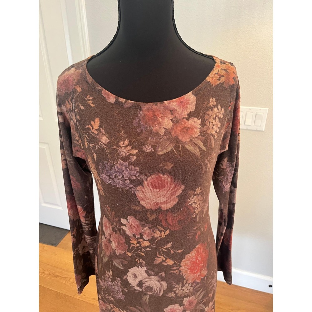 Muted Floral Knit Mini Dress Warm Tone Long Sleeve Scoop Neck Vintage XS - Picture 11 of 13